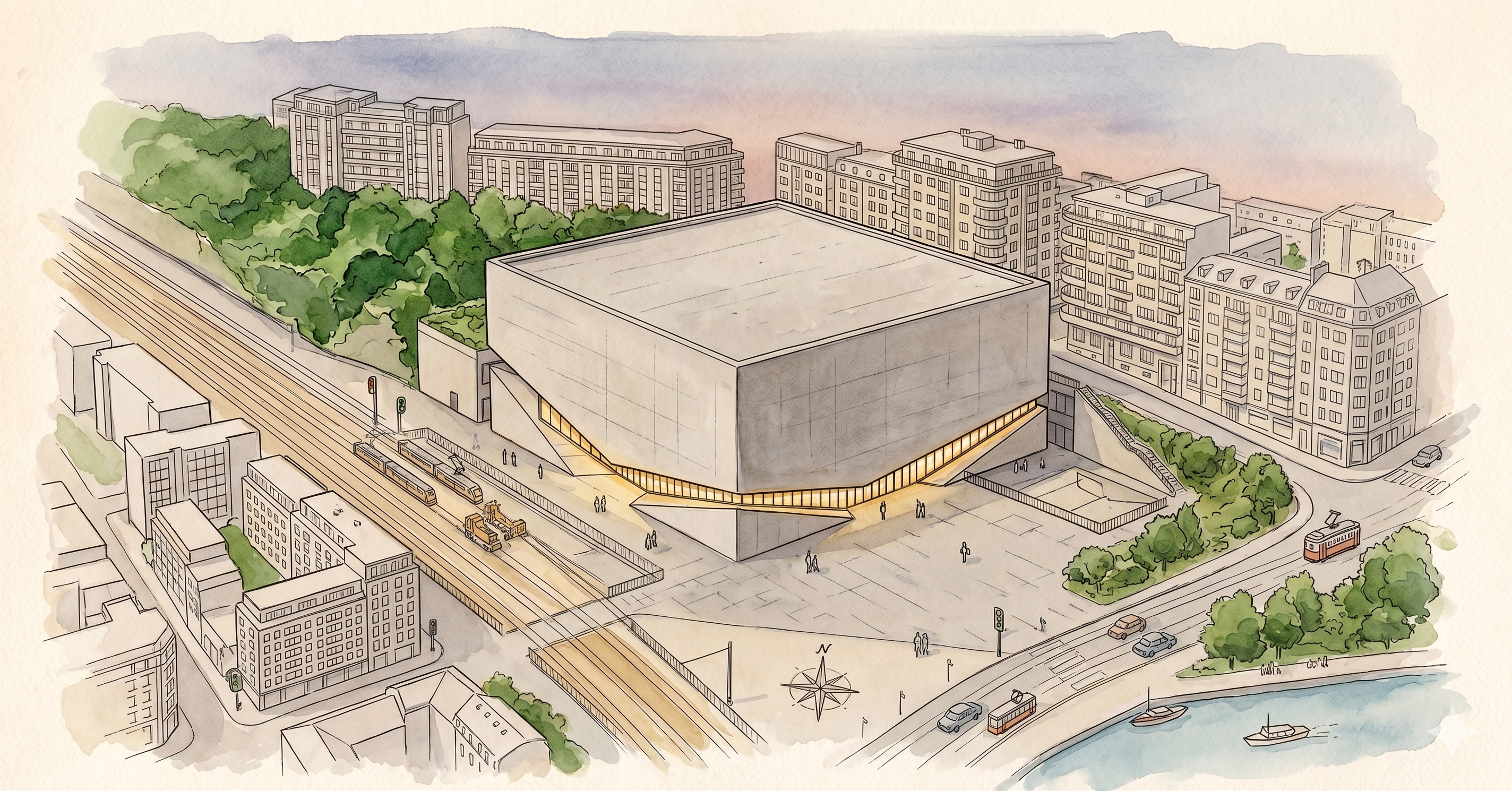 Watercolour rendering of a Boston urban data center site, illustrating the city context for the MicroLink programme.