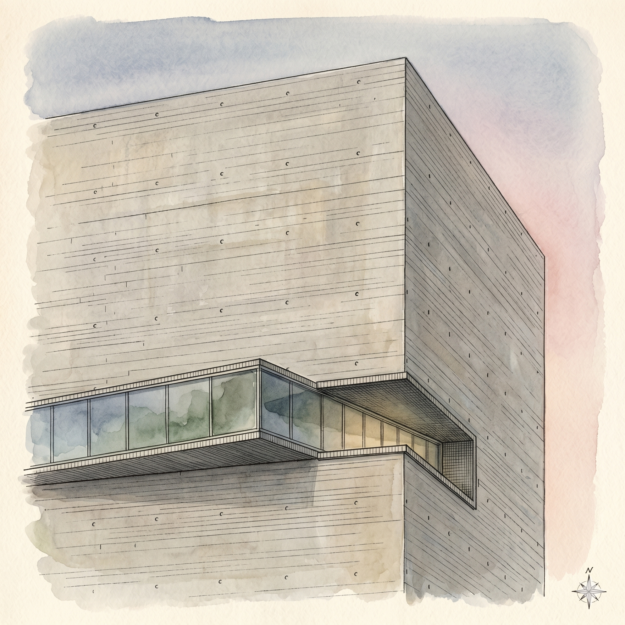 Watercolour rendering of a MicroLink data center module at building corner detail, north-facing orientation, illustrating the architectural language for the Boston programme.