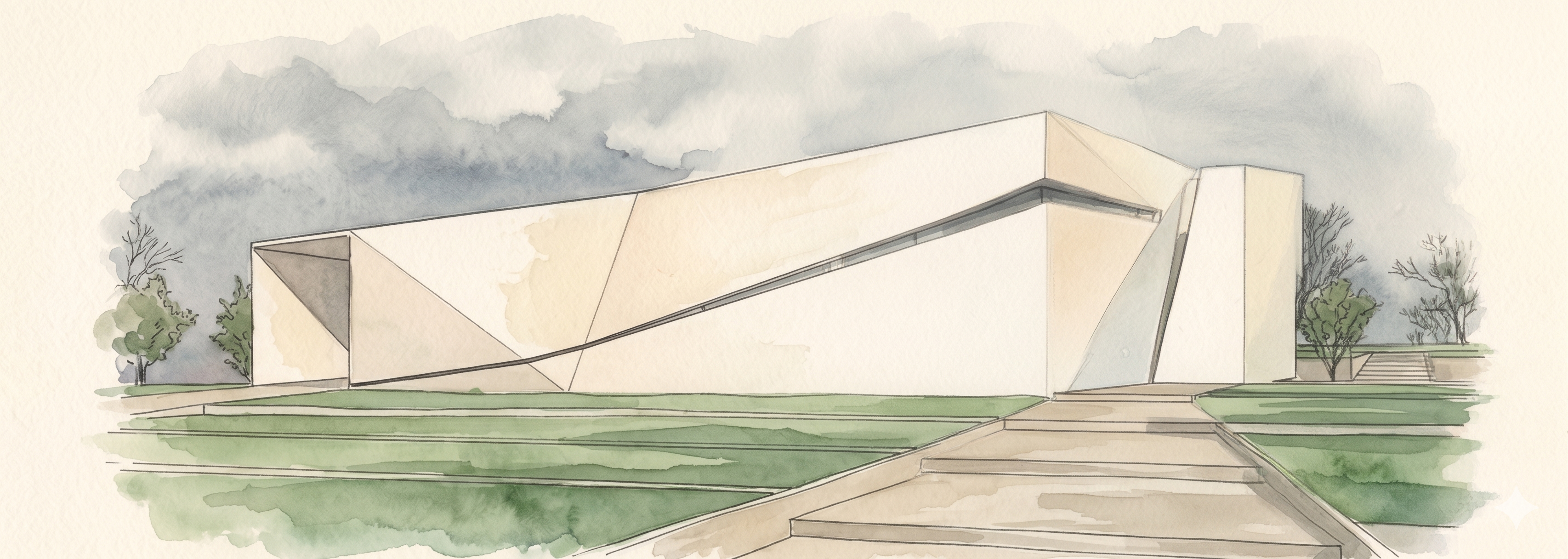 Watercolour rendering of a MicroLink data center module exterior, illustrating the architectural language for the Boston programme.
