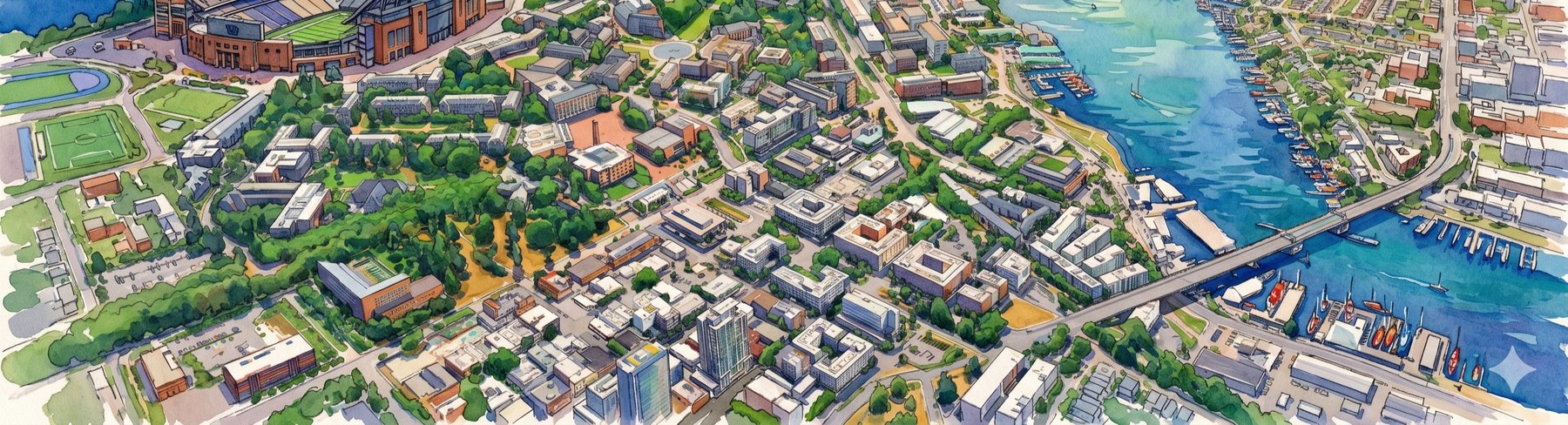 Seattle aerial watercolor — University of Washington campus and Lake Washington