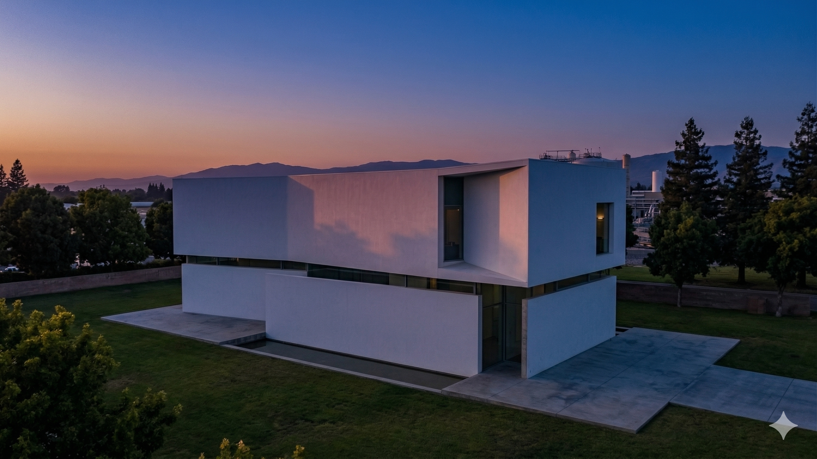 San José–Santa Clara Regional Wastewater Facility · MicroLink data center at golden hour, modular white architectural form against South Bay foothills