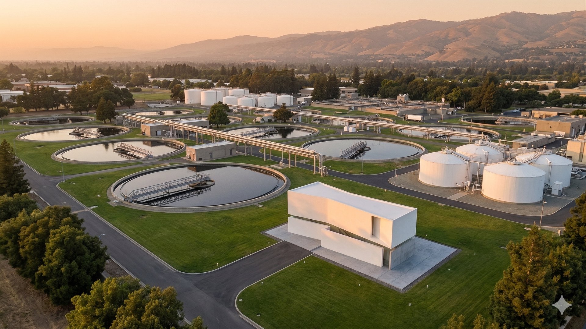San José–Santa Clara Regional Wastewater Facility at sunset, looking east toward the foothills